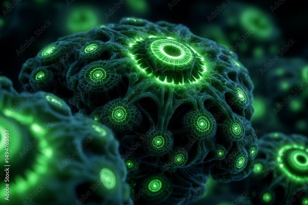 Aufkleber close view of glowing microorganisms in dark background highlighting intricate details and vibrant c