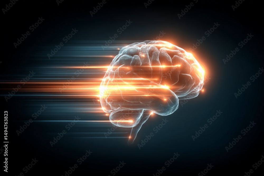 Poster Dynamic visualization of a brain with streaks of energy in a dark background representing thought and cognition