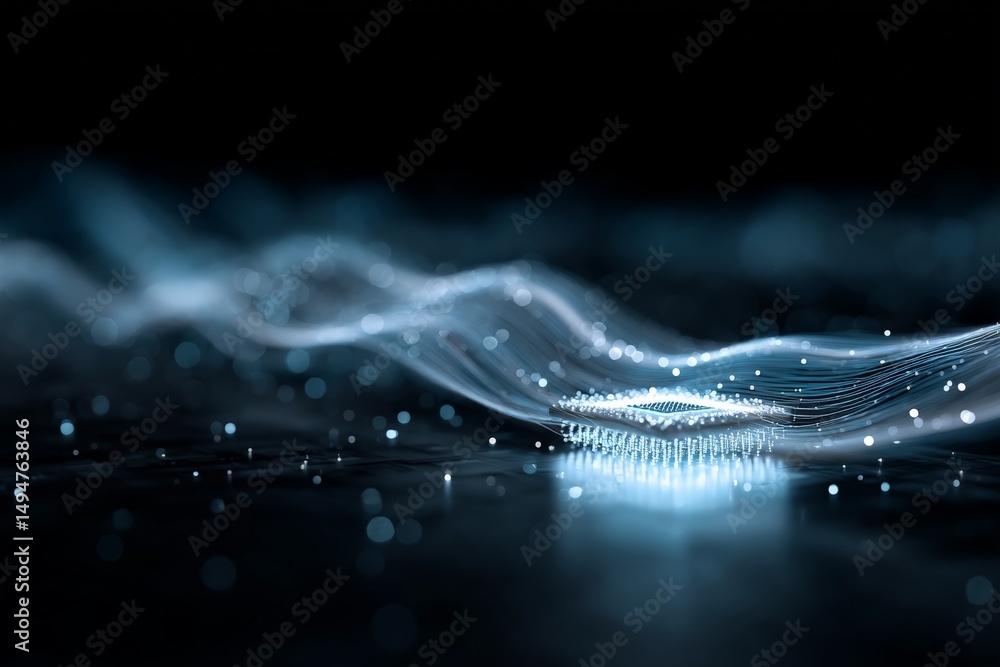 Poster Digital waves and glowing particles create a captivating visualization of abstract technology in a dark space