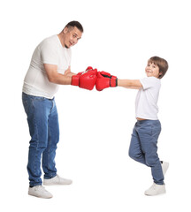 Father and his son boxing on white background
