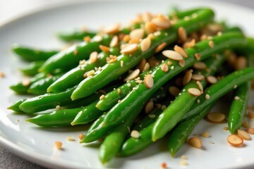 Perfectly blanched green beans, toasted slivered almonds, butter sauce , dinner, high resolution
