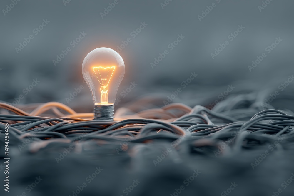 Poster light bulb shines brightly amidst tangled wires in artistic display of creativity and innovation