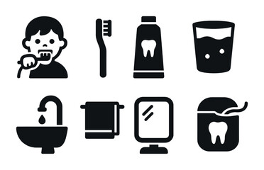 Dental hygiene solid icons set – silhouette, filled, oral care symbols