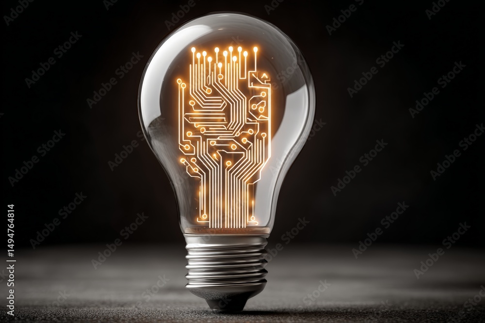 Poster Creative light bulb design showcasing circuit board patterns with glowing elements illuminated in a dark environment