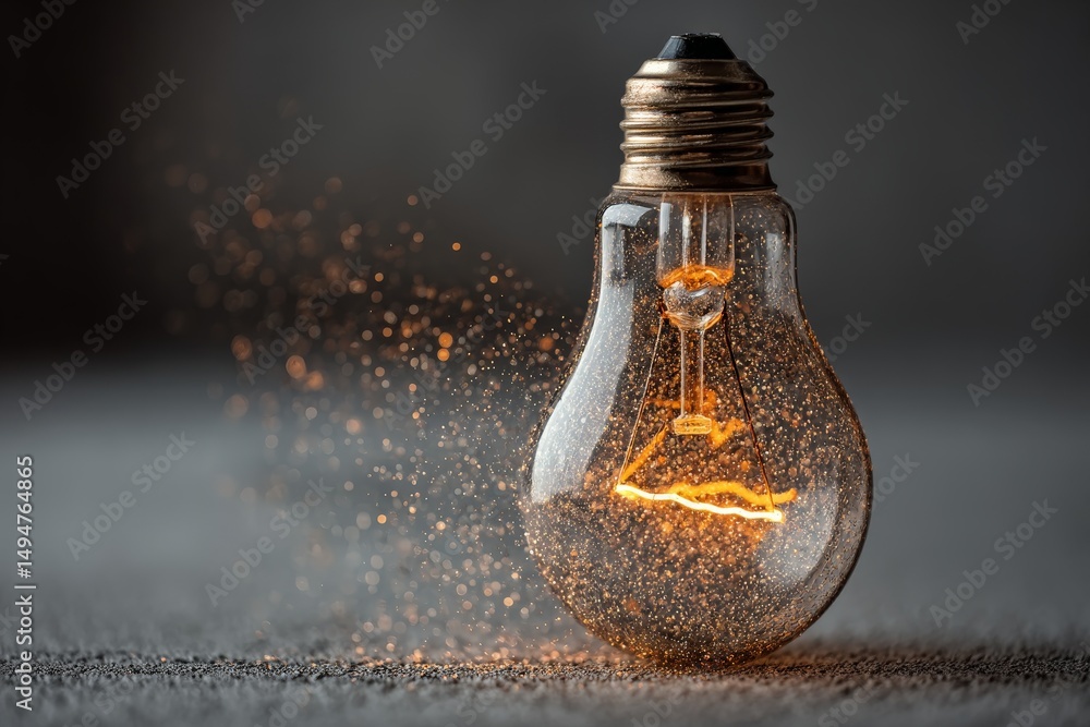 Poster creative light bulb with glowing filament and sparkling dust in a dim setting
