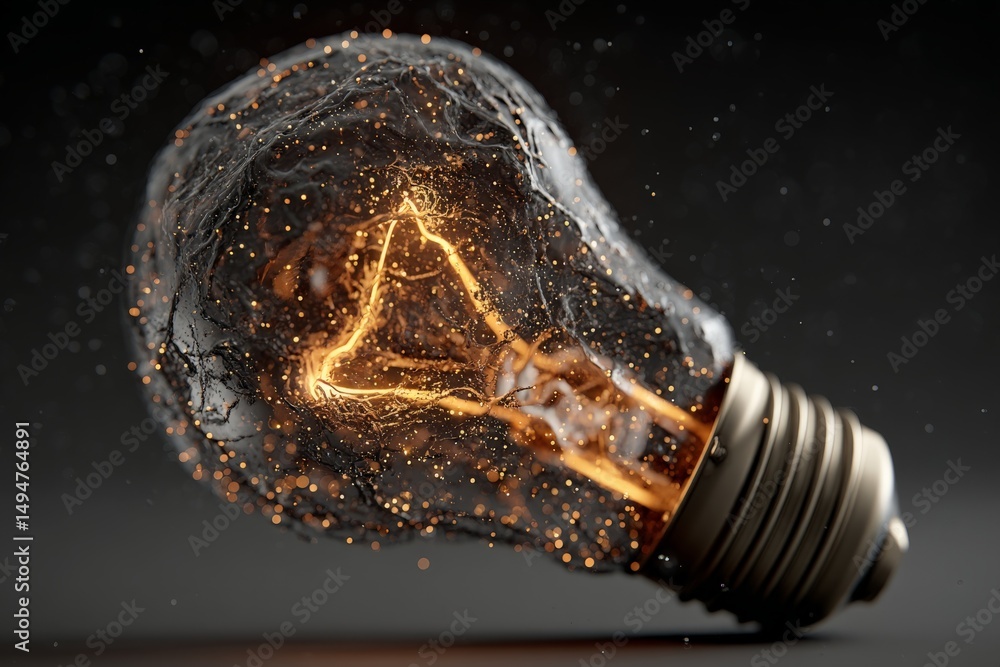 Poster Creative depiction of a glowing light bulb with shimmering particles in a dark setting