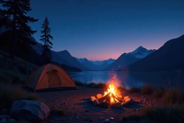 Tranquil campfire scene, stars visible, serene camping night , element, tranquility