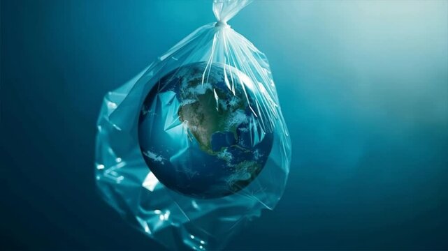 A globe encased in plastic, symbolizing environmental issues and pollution in our oceans and ecosystems.