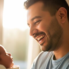 Fototapeta premium close up of dad holding and watching his new born baby full of love and happiness and wonder