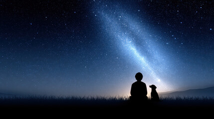 Fototapeta premium A silhouette of a man and his dog, sitting together on the grass under a starry sky at night