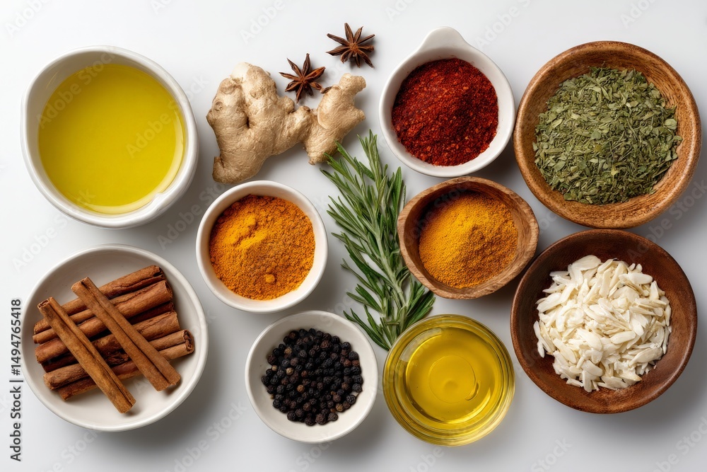 Poster vibrant assortment of spices and herbs displayed on a white surface for culinary use