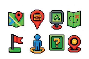 Treasure hunt pixel art icons set – map, adventure, location symbols