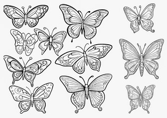 set of butterflies Several broad-winged butterflies, black and white, transparent background.