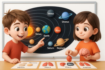 Educational space exploration activity for kids classroom infographic learning environment engaging viewpoint