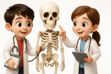 Educational kids doctor role play with skeleton model classroom illustration fun engaging learning environment