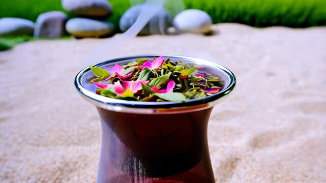 Close-up of tea steeper filled with pink flower petals and green leaves in water on sand, pebbles and green grass in background
