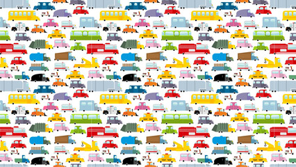 A colorful pattern of various cartoon vehicles on a white background with many different types © Decent Discoveries