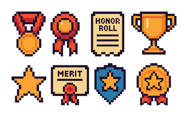 Awards and recognition pixel art icons set – trophies, medals, achievement symbols