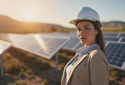 Confident woman in a hard hat standing near solar panels at sunset