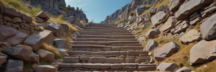 Ancient stone staircase ascending a mountain, weathered steps , ancient, journey