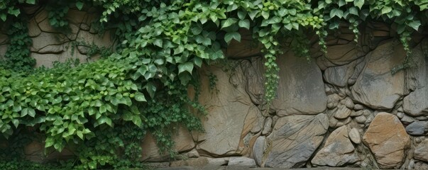 Ancient stone, ivy-covered, weathered texture, natural green foliage, grunge, autumn