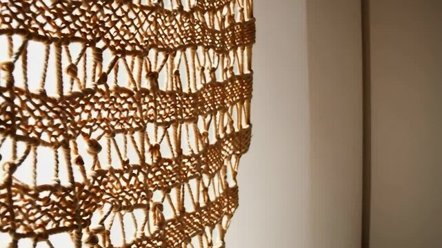 Close-up of a beige handmade macrame wall hanging with decorative beads and intricate woven patterns near a plain wall in soft light.