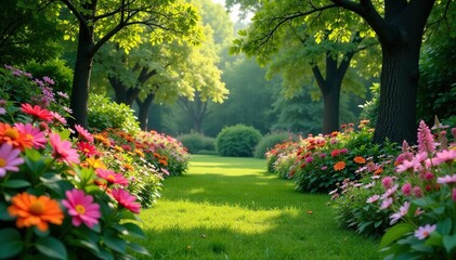 Obraz premium Serene garden with lush greenery and blooming flowers , plants, foliage