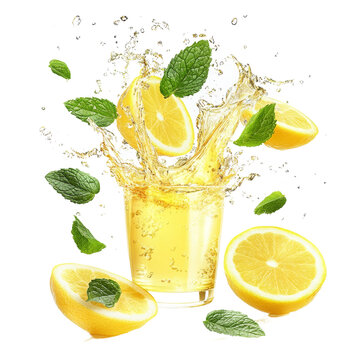 A splash of lemonade with mint and lemon slices, showcasing a refreshing drink.