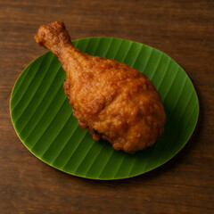 fried chicken on a plate and banana leaf 