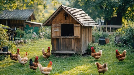 A wooden chicken coop with hens and roosters wandering in the yard 