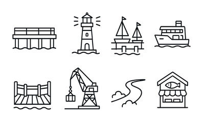 Sea and navigation line icons set – outline, maritime, nautical symbols collection