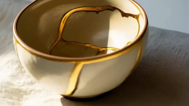 A Kintsugi ceramic bowl, its fractures mended with gleaming gold lacquer, rotates slowly revealing the beauty of repaired imperfection