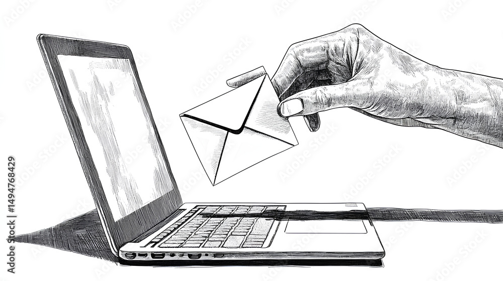 Poster blank and white hand takes out an envelope with a notification of an unread message from an open lap