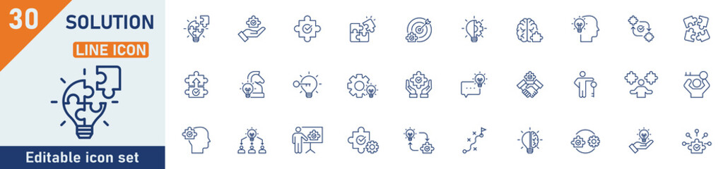 Solution line icon set. Set of 30 outline icons related to problem-solving, idea, puzzles, workflow, innovation, inspiration, and others. Editable stroke. Vector illustration.