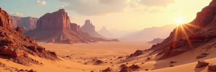 Fototapeta premium Jagged mountains rise above sun-baked desert floor , formation, butte