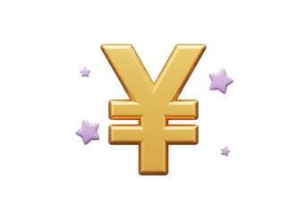 3D Illustration of Golden yen symbol with purple stars isolated on white background