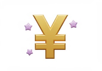 Obraz premium 3D Illustration of Golden yen symbol with purple stars isolated on white background