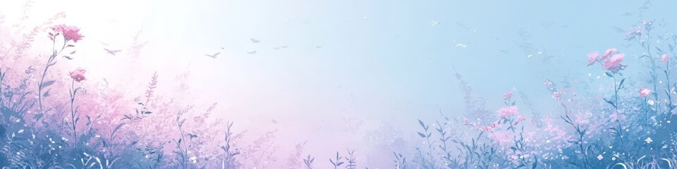Soft, Pastel Blue Watercolor Background with Wildflowers And Delicate Botanical Illustrations