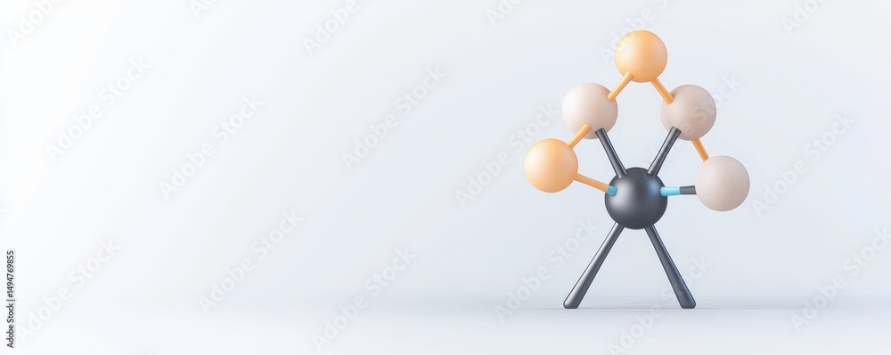 Poster a stylized 3d molecular structure model with connected spheres on a minimal white background.