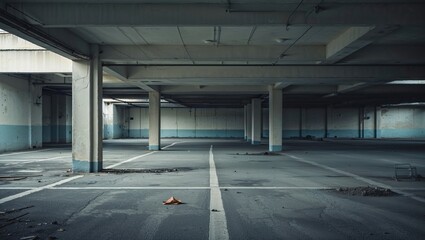 Obraz premium Deserted underground parking garage with cracked asphalt, fading paint lines, and scattered debris evokes a cold, urban emptiness and a sense of modern decay and isolation