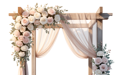 Wedding wooden arch adorned with roses and drapery, watercolor clipart illustration with isolated background.