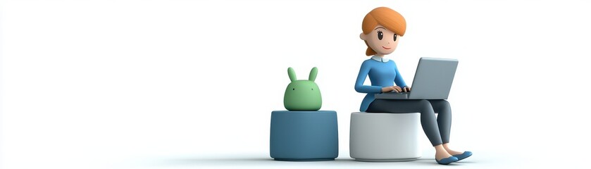 A woman with a laptop sits next to a green toy, both on round seats against a white background.
