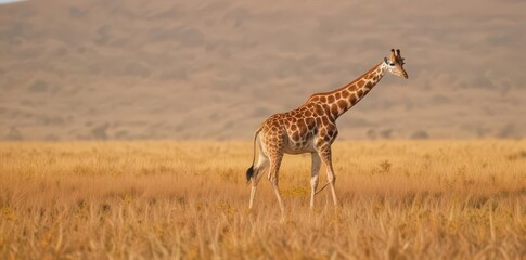 Obraz premium A lone giraffe strides across golden savannah grass , fauna, grassland, wild