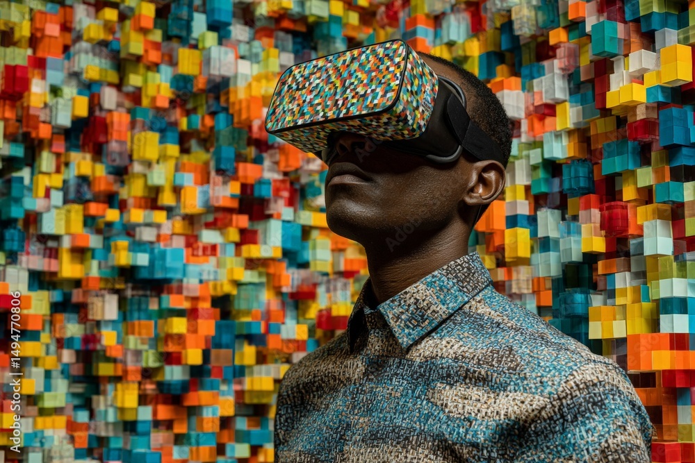 Leinwandbilder engaging in virtual reality with colorful backdrop in a creative space