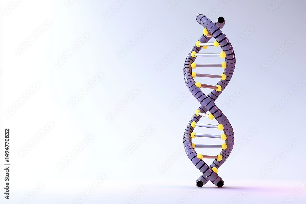 Poster a colorful 3d dna double helix model stands upright on a light gradient background.