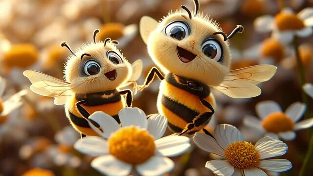 Joyful bees interact among vibrant flowers in a sunny garden setting