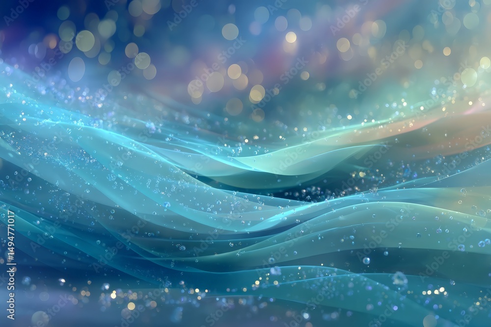 Poster swirling waves of blue and green hues create a tranquil atmosphere with shimmering particles in an a