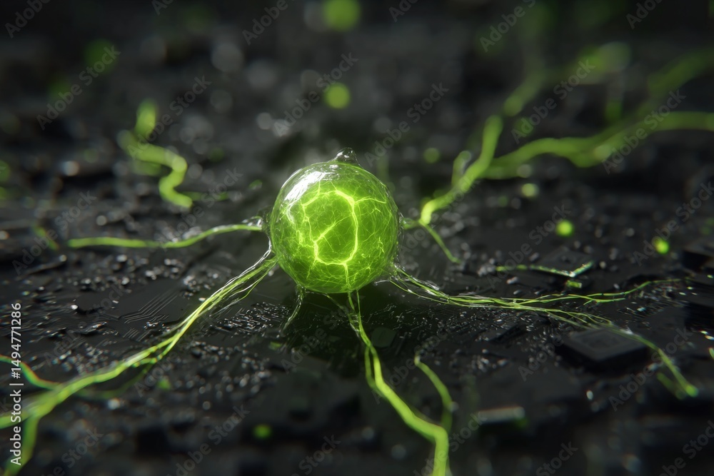 Fototapete abstract 3d rendering of a glowing green sphere surrounded by intricate glowing fibers on a dark bac