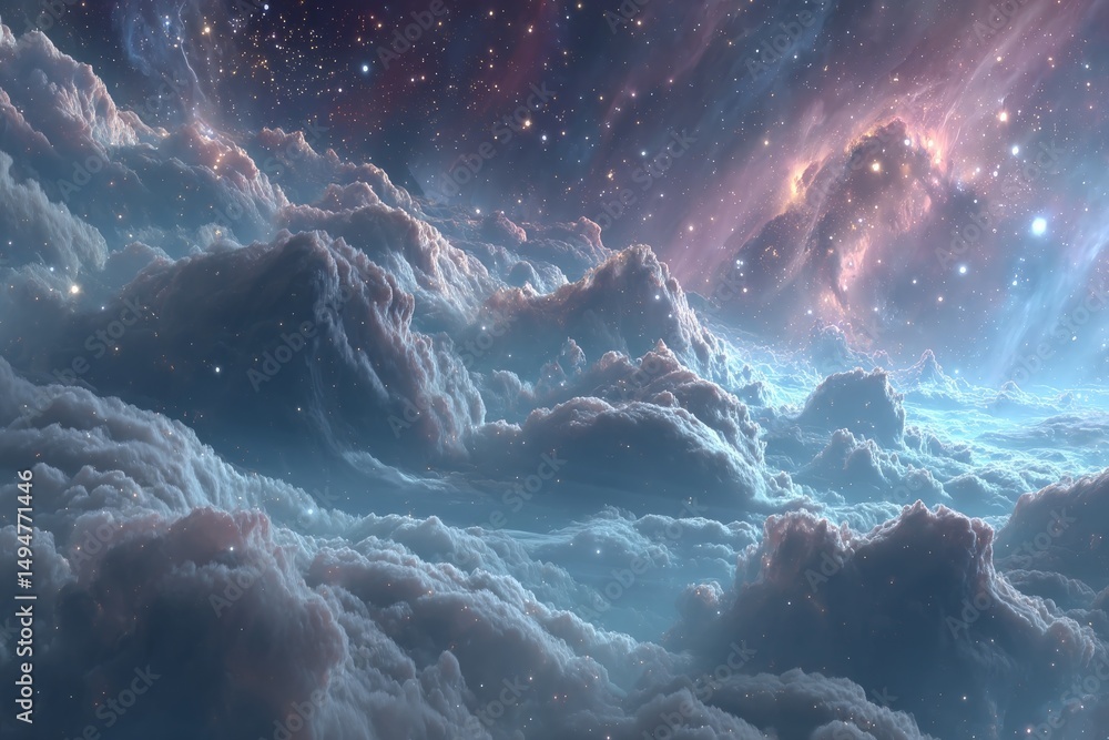 Poster vast cosmic clouds illuminated by distant stars in a serene universe