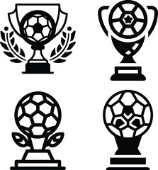 Soccer Trophy Icons Set. Vector Football Cup Awards Collection in Black and White Style